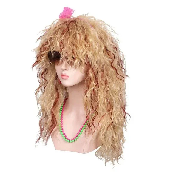 Women Long Curly Blonde Reddish Brown 80s Cosplay Wig with Lace Headband Earring